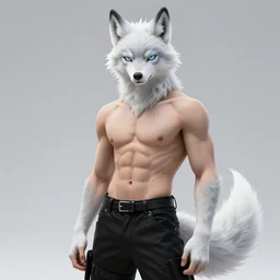 character portrait of a shirtless fit male anthro albino wolf fursona with a tail and a cute beautiful attractive detailed furry face wearing black stylish cyberpunk pants and boots in a cyberpunk city at night while it rains. Character design by charlie bowater, ross tran, artgerm, and makoto shinkai, detailed, inked, western comic book art