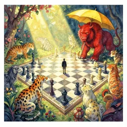 dixit card, animals, spots, stripes, high fantasy, giant chess board, checkers, labyrinth, alone in the dark, yellow parasol, red beast, intricate, amazing composition, colorful watercolor, by ruan jia, by maxfield parrish, by shaun tan, by nc wyeth, by michael whelan, by escher, illustration, gravity rush, volumetric, bloom, sunbeam, dappled