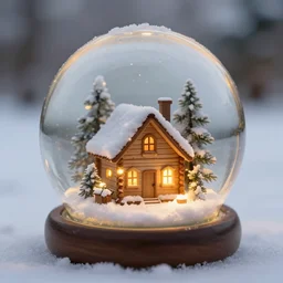 a tiny wooden cottage with warm lights in the snow inside a snowglobe.