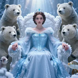 highly detailed closeup portrait of a snow, ice princess as princess leia sitting on a throne surrounded by fluffy bears, nicoletta ceccoli, mark ryden, lostfish, earl nore, global illumination, god rays, detailed and intricate environment