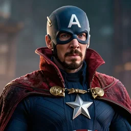 сaptain america wearing doctor strange costume, highly detailed, environmental light, cinematic by francis tnehunreal, octane render, nvidia, concept art, close up