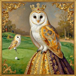 the royal king's barn owl playing golf by greg hildebrant lisa frank fancy rococo baroque regal oil painting high quality award winning clothed in fancy garb