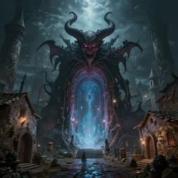 a demonic magical ethereal portal to hell. in a medieval fantasy mediterranean town.
