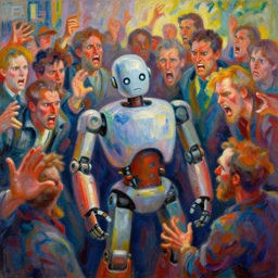 colourful painting of angry crowd attacking bored robot, cinematic, intricate details, unreal engine 5, rule of three, vivid colors, dynamic lighting, by claude monet and marco bucci