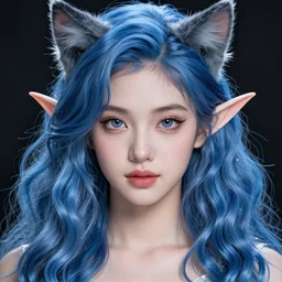centered detailed portrait of a extremely beautiful aesthetic young girl, cat and elves hybrid, blackpink, symmetrical, long blue wavy hair, sharp focus on the eyes, final fantasy, details, intricate, octane render, smooth face, illustration, fairy lighting, hyperrealistic, by wlop and dmitry prozorov, artgerm, artstation, award winning,