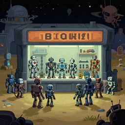 in front of a [ [ [ store ] ] ] selling robots and robot parts, [ some robots on display outside ], in a remote outpost, on an alien planet, from a space themed point and click 2 d graphic adventure game, set design inspired slightly by tomb raider, art inspired by [ thomas kinkade ] and mark keathley