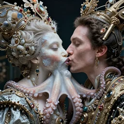 a high-resolution color-chrome extreme closeup portrait photo of a octopus  kissing a incredible elegant pale renaissance rococo Queen, with ornate jewelled, rococo Queen, sci-fi, high-tech, beautiful low light, style Steve McCurry Octane render 8k