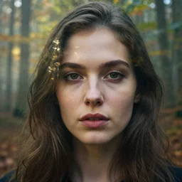 a double exposure of a beautiful extreme close up portrait of a mystical young woman looking at the camera, with a landscape photo of an autumn misty morning forest, dappled light, sun rays, green and brown tones