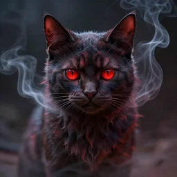 fantasy devil cat with red eyes and smoke, high detail, digital art, beautiful , concept art,fantasy art, 4k