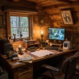 cluttered desk and workstation, alchemist, wood cabin, cozy
