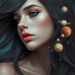 beautiful, haunting young woman, detailed gorgeous face, flowing hair, vaporwave aesthetic, synthwave, space and planets in her hair along her face, psychedelic, digital painting, artstation, concept art, smooth, sharp focus, illustration, art by artgerm and greg rutkowski and alphonse mucha
