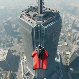 someone wingsuit basejumping from a cyberpunk skyscraper, view from top of building, view from directly behind, by paul lehr