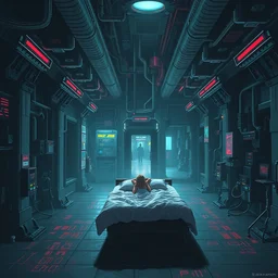 interior of an underground maze within a large cyberpunk complex, girl waking up in bed in middle of room. pixelart, brutalism, volumetric lighting, 8 k, art by dan mumford, greg rutowski, johan grenier, wayne barlowe