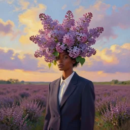 portrait, giant lilac flower as head, a black woman in suit in heather field, surreal photography, golden hour, colorful clouds, impressionist painting, digital painting, artstation, simon stalenhag