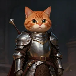 cute ginger cat wearing medieval suit of armor, illustration, concept art, art by wlop, dark, moody, dramatic