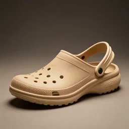 a distinctively curved silhouette desert sand color shoe, upper of the shoe is made from a lightweight foam material, which gives the shoe its unique look. the foam material used on the midsole and outsole of the shoe, foam - based slip - on shoe, looks like a crocs, studio lighting, studio portrait