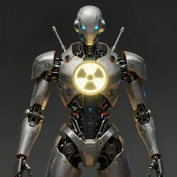 low angle shot of a cyberpunk robot character with a radioactiv glowing sign, intricate, elegant, highly detailed, centered, digital painting, artstation, concept art, smooth, sharp focus, illustration, artgerm, Tomasz Alen Kopera, Peter Mohrbacher, donato giancola, Joseph Christian Leyendecker, WLOP, Boris Vallejo