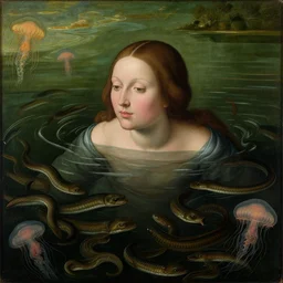 a closeup portrait of a woman, swimming in a lake full of millions of eels and jellyfish, early netherlandish painting