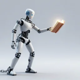 chained robotic humanoid wearing chains reaching for glowing book