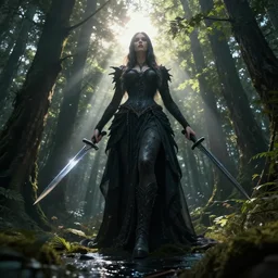 giantess woman in forest, low angle, dark fantasy elements, blades, shining sun, river, magic, sunlight rays, with trees and plants around Darek Zabrocki, Karlkka, trending on Artstation, 8K