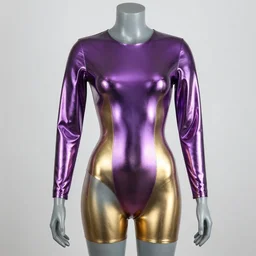 very tight  Translucent metallic mirror chrome purple and Gold latex  crazy outfit  on a gray plastic mannequin