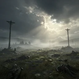 beautiful render of a eerie landscape, unreal engine, battlefield, first light, dead soldiers, moor, morning mist, dramatic clouds, gallows, soft light, by greg rutkowski and h. r. giger, cgsociety