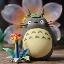 totoro in moomi film still with a full still life film still commercial extreme closeup photo of real - life intricate origami rainbow porcelain plant, perfect eyes, tilt shift real - life translucent glass bauhaus origami flower background, cinestill, 8 k