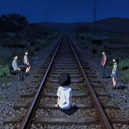 cute anime girl with short black hair, sits on an abandoned railway track leading to the end of the world, at midnight, clear night sky, view from above, detailed concept art illustration by akihiko yoshida and jean baptiste monge and makoto shinkai and wlop and and tsutomu nihei, 4 k artstation