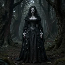 stunning full body baroque portrait, pale vampiric gaunt woman Helena Bonham Carter in mourning veil wearing a industrial victorian dress, symmetrical face, in a forest surrounded by dark hanging trees, sinister, priestess, witch, wicked, villain, detailed, atmospheric, dark gothic color scheme, cinematic, desaturated, 8K matte, rendered in octane