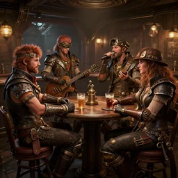 Several Steampunk rock musicians at the pub Greg Rutkowski, ArtStation, zenith view, CGSociety, ultra realistic, ray tracing, 3d render, HDR, Unreal Engine
