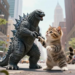 A giant kitten fights Godzilla in Manhattan, detailed, 4k