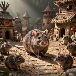 rats in a tribal cat village, octane render, detailed