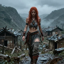 a beautiful gorgeous girl, messy long red hair and wet grey tribal clothes, torn up pants, she is walking on a mountain, in front of a very poor old shanti town with wooden ruins, medieval era, heavy rain, late at night, mist, cinematic, highly detailed, powerful, cinematic, beautifully lit, by artgerm, by karol bak, 3 d, trending on artstation, octane render, 8 k