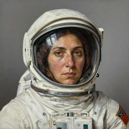 indigenous woman with astronaut helmet, painted by lucian freud, hd, super detailed, realistic, muted colors