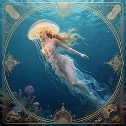 beautiful spaghetti jellyfish goddess underwater, ethereal art deco, fantasy, intricate underwater ocean designs, elegant, highly detailed swimmer, sharp focus, art by artgerm and beeple and greg rutkowski and wlop