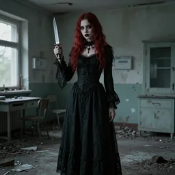 Gothic girl holding a knife and standing on an abandoned hospital room. By Konstantin Razumov, highly detailded
