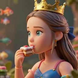 highly detailed closeup, face profile portrait of greta thunberg as a tin toy fairytale princess wearing a crown eating cakes, bikini, unreal engine, nicoletta ceccoli, mark ryden, earl norem, lostfish, global illumination, detailed and intricate environment