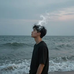 young adult's head evaporizing, standing sideways in front of a rough sea, trippy sky