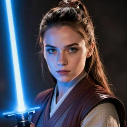 head and shoulders portrait of a female knight, star wars, jedi, robes, blue lightsaber, young carrie fisher, by luis royo, digital art