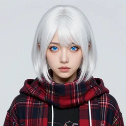 highly detailed portrait of a sewer punk lady student, blue eyes, tartan hoodie and scarf, white hair by atey ghailan, by greg rutkowski, by greg tocchini, by james gilleard, by joe fenton, by kaethe butcher, gradient yellow, black, brown and pink color scheme, grunge aesthetic!!! ( ( graffiti tag wall background ) )