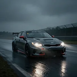Kia Optima 2022. Optima GT Le Mans car racing on dimly lit track overcast skies raining headlights illuminating track, volumetric lighting cinematic vray 45mm photo muted colors dark cinematic. front side view uncropped centered. artstation trending dramatic harsh lighting low exposure