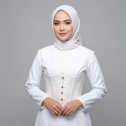 studio photo of a beautiful indonesian woman wearing hijaab and corset over white tunic, professional photo