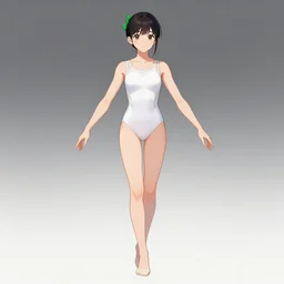 a girl in a white leotard with a green hair - bow, concept art by muqi, featured on pixiv, mingei, official art, full body, anime aesthetic