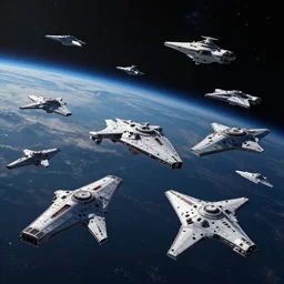 A fleet of starships. science fiction. distant future. stars. planet. variety of types of starships.