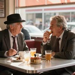 movie scene of two old detectives at breakfast in a diner warm lighting, sunny day, dark knight ( 2 0 0 8 ) set in 1 9 7 9. fred herzog