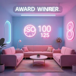 fine art photography of a lounge room, neon lightings, high definition, 8 k, high resolution, interior photography, pastel color palette, iso 1 0 0, shutter speed 1 2 5, aperture 8, award winning