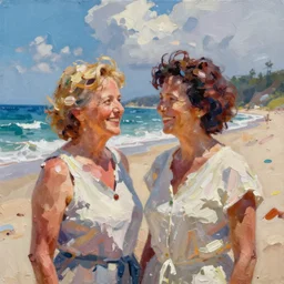 happy Kate Pierson and Cindy Wilson on the beach painted with a palette knife, thick impasto