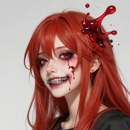 a redhead female zombie with red fluid pouring out of her her head and braces, yasushi nirasawa style
