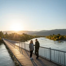 the two tourists posing on a bridge over altai river, sunset, highly detailed, astonishing view, sun glare, composition