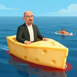 Saul goodman in a boat made out of cheese floating in the sea of blood while walter white tries to swim, digital art
